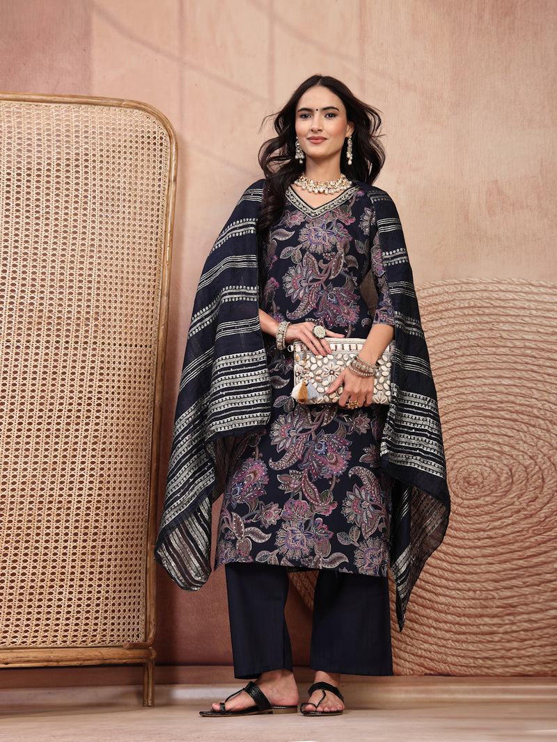 Elegant Navy Blue Cotton Straight Kurta Palazzo Set with Embroidery & V-Neck