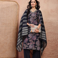 Elegant Navy Blue Cotton Straight Kurta Palazzo Set with Embroidery & V-Neck