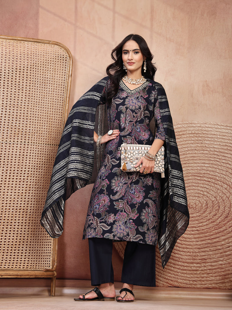 Elegant Navy Blue Cotton Straight Kurta Palazzo Set with Embroidery & V-Neck