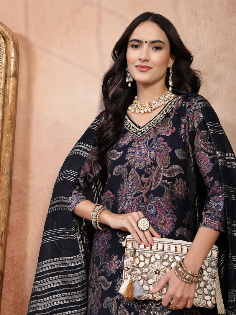 Elegant Navy Blue Cotton Straight Kurta Palazzo Set with Embroidery & V-Neck
