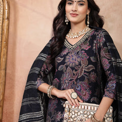 Elegant Navy Blue Cotton Straight Kurta Palazzo Set with Embroidery & V-Neck