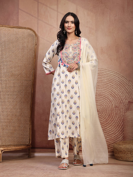 Elegant Cream Viscose Rayon Straight Kurta Palazzo Set with Embroidery