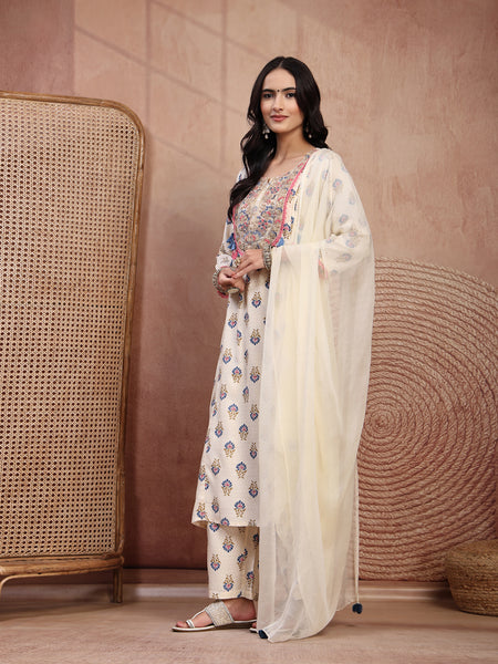 Elegant Cream Viscose Rayon Straight Kurta Palazzo Set with Embroidery