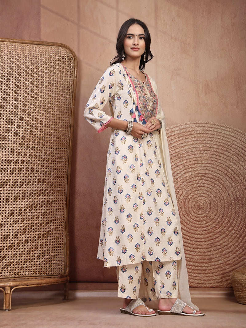 Elegant Cream Viscose Rayon Straight Kurta Palazzo Set with Embroidery
