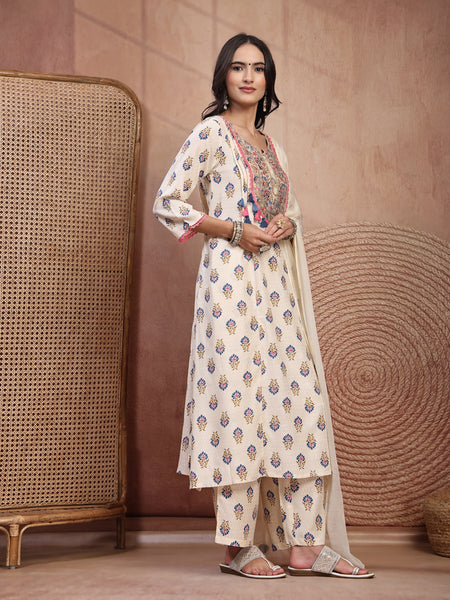 Elegant Cream Viscose Rayon Straight Kurta Palazzo Set with Embroidery