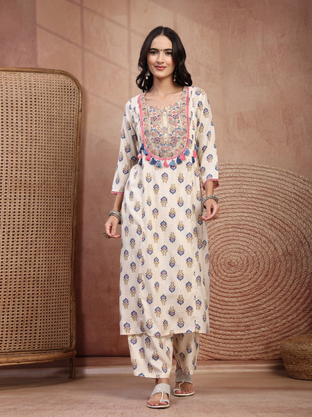 Elegant Cream Viscose Rayon Straight Kurta Palazzo Set with Embroidery