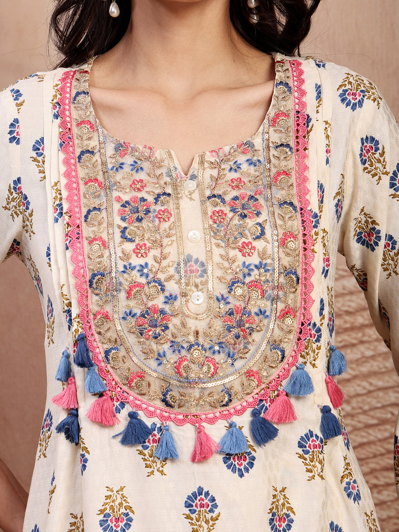 Elegant Cream Viscose Rayon Straight Kurta Palazzo Set with Embroidery