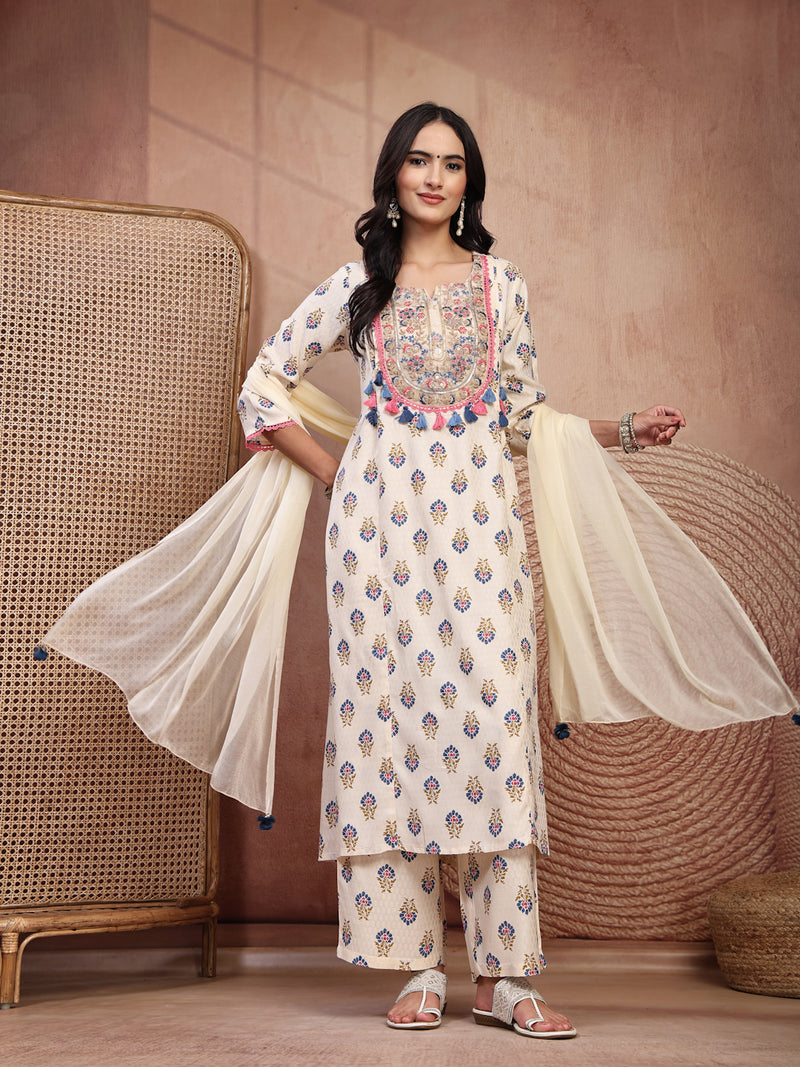 Elegant Cream Viscose Rayon Straight Kurta Palazzo Set with Embroidery