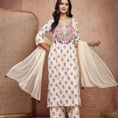 Elegant Cream Viscose Rayon Straight Kurta Palazzo Set with Embroidery