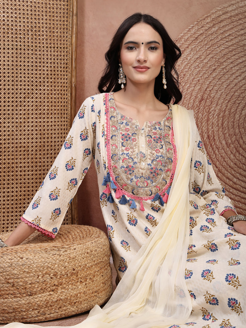 Elegant Cream Viscose Rayon Straight Kurta Palazzo Set with Embroidery