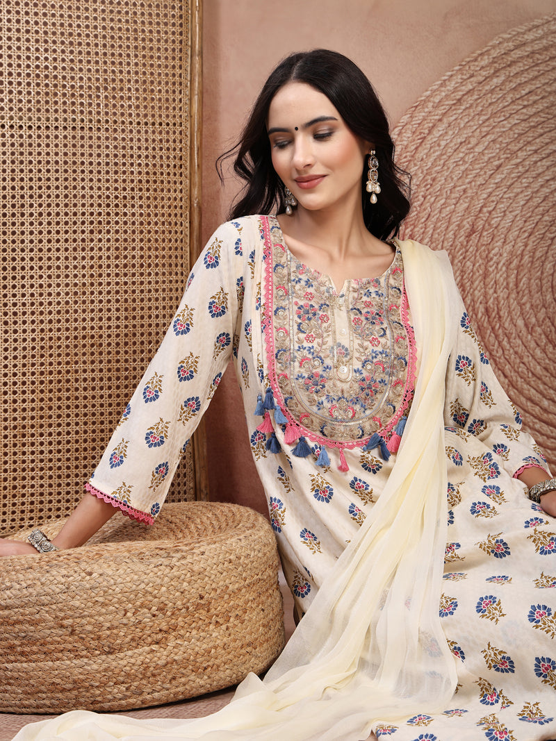 Elegant Cream Viscose Rayon Straight Kurta Palazzo Set with Embroidery