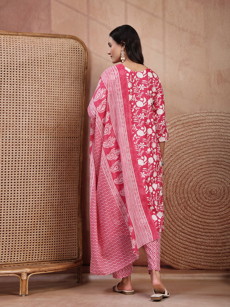 Charming Pink Cotton Straight Kurta Palazzo Set with Embroidery