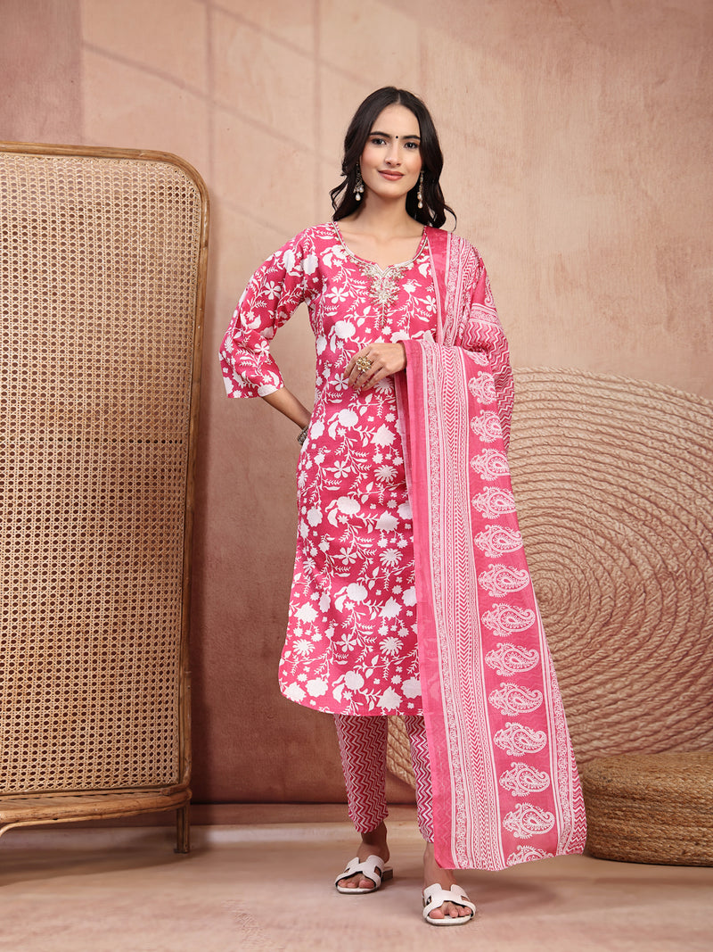 Charming Pink Cotton Straight Kurta Palazzo Set with Embroidery