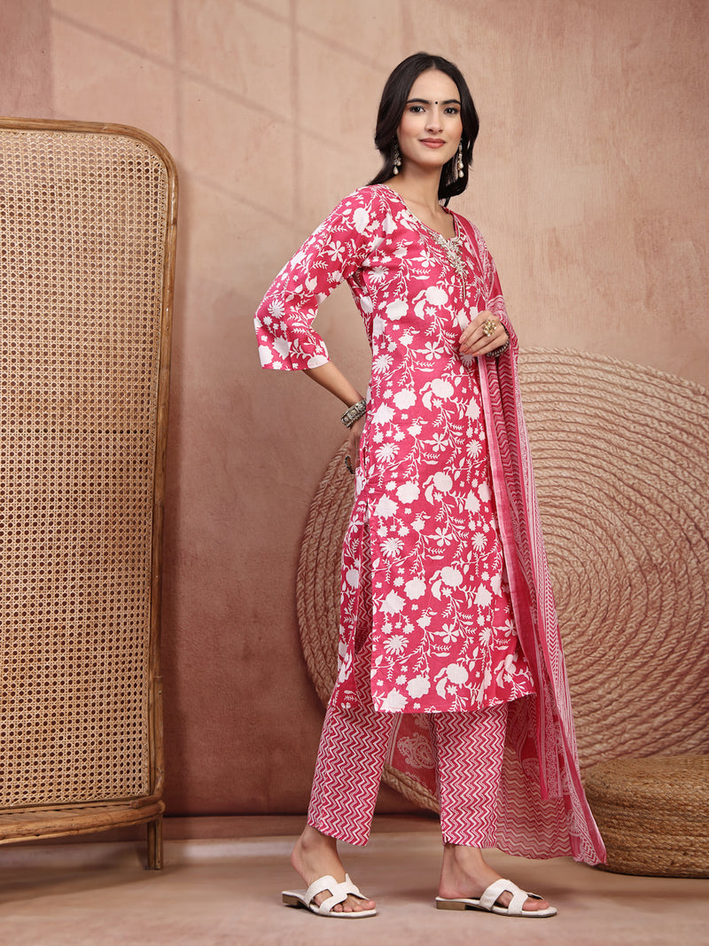 Charming Pink Cotton Straight Kurta Palazzo Set with Embroidery