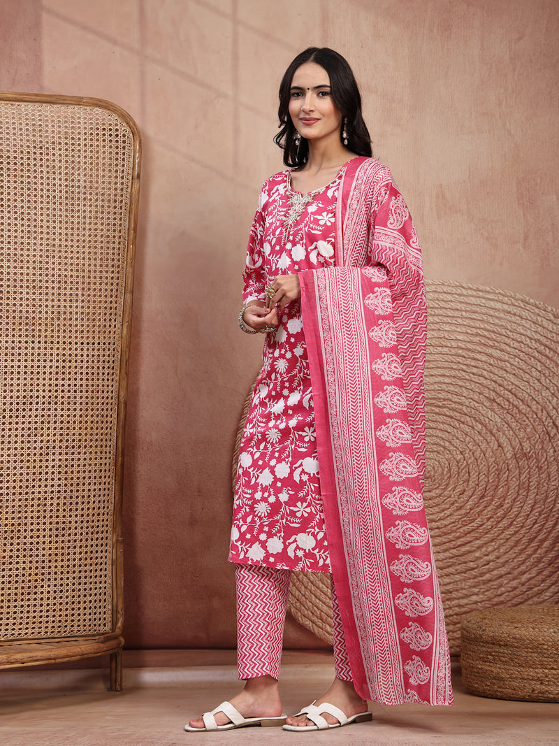 Charming Pink Cotton Straight Kurta Palazzo Set with Embroidery