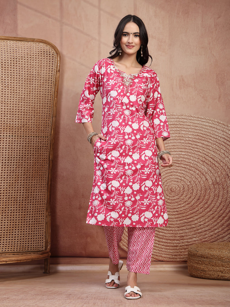 Charming Pink Cotton Straight Kurta Palazzo Set with Embroidery