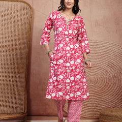 Charming Pink Cotton Straight Kurta Palazzo Set with Embroidery