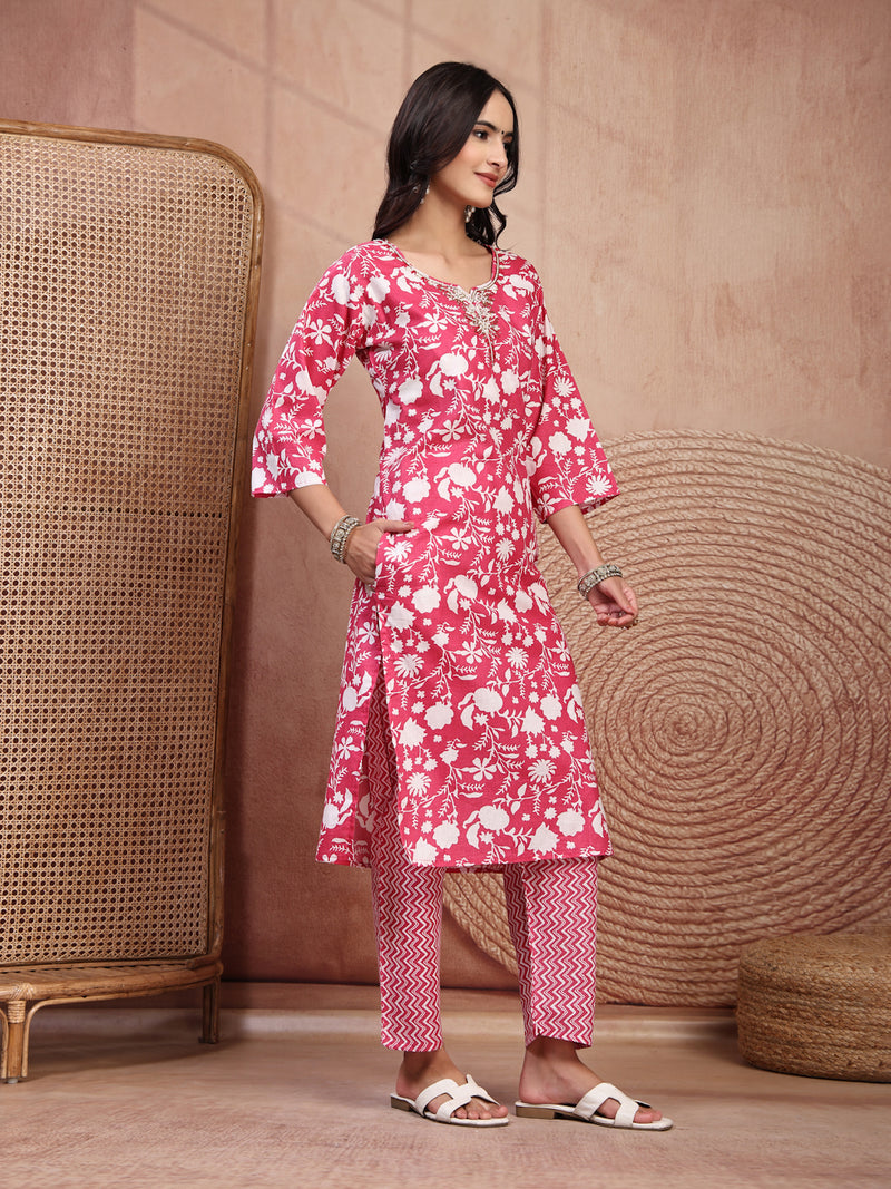 Charming Pink Cotton Straight Kurta Palazzo Set with Embroidery