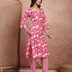 Charming Pink Cotton Straight Kurta Palazzo Set with Embroidery