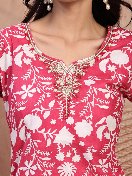 Charming Pink Cotton Straight Kurta Palazzo Set with Embroidery