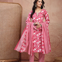Charming Pink Cotton Straight Kurta Palazzo Set with Embroidery