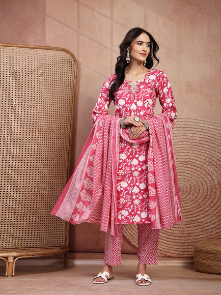 Charming Pink Cotton Straight Kurta Palazzo Set with Embroidery