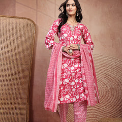 Charming Pink Cotton Straight Kurta Palazzo Set with Embroidery