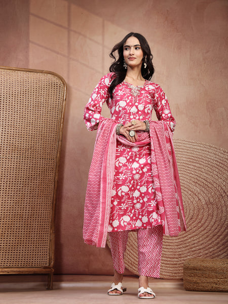 Charming Pink Cotton Straight Kurta Palazzo Set with Embroidery