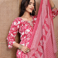 Charming Pink Cotton Straight Kurta Palazzo Set with Embroidery