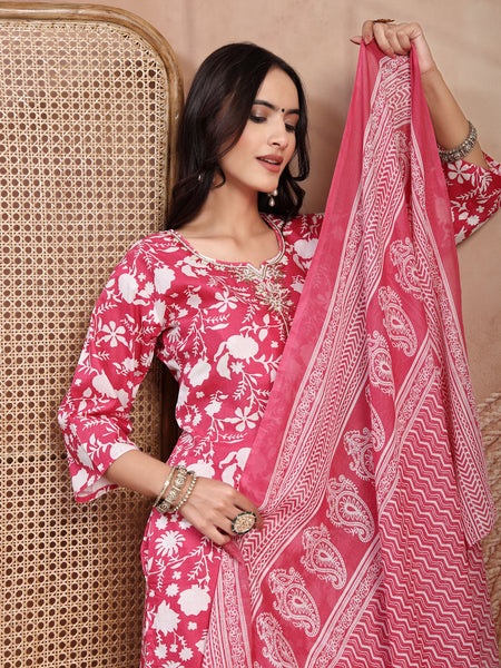 Charming Pink Cotton Straight Kurta Palazzo Set with Embroidery
