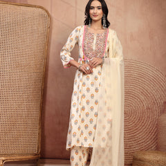Graceful Cream Viscose Rayon Straight Kurta Palazzo Set with Embroidery