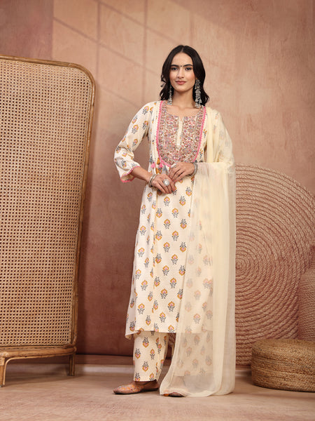 Graceful Cream Viscose Rayon Straight Kurta Palazzo Set with Embroidery