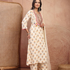 Graceful Cream Viscose Rayon Straight Kurta Palazzo Set with Embroidery
