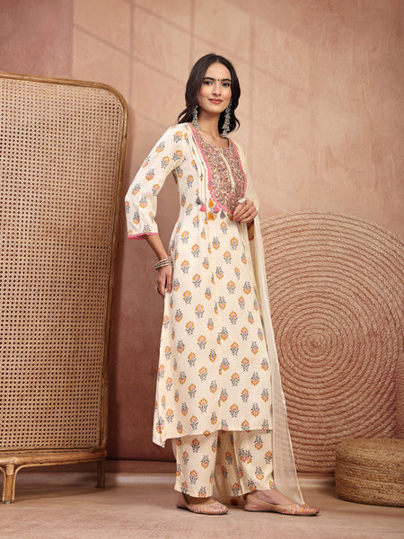 Graceful Cream Viscose Rayon Straight Kurta Palazzo Set with Embroidery