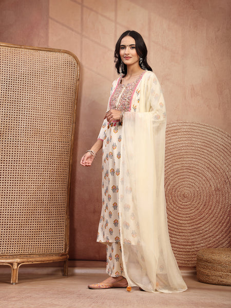 Graceful Cream Viscose Rayon Straight Kurta Palazzo Set with Embroidery