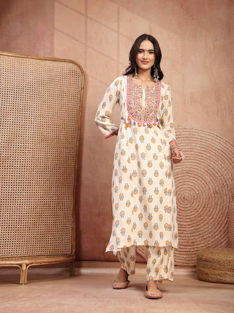 Graceful Cream Viscose Rayon Straight Kurta Palazzo Set with Embroidery