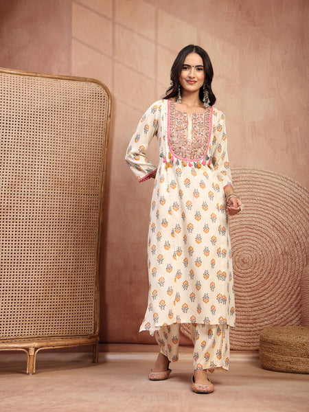 Graceful Cream Viscose Rayon Straight Kurta Palazzo Set with Embroidery