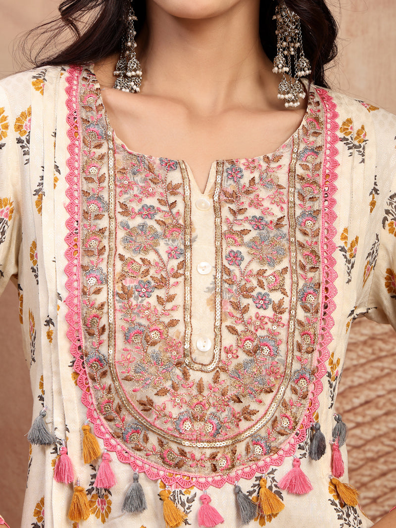 Graceful Cream Viscose Rayon Straight Kurta Palazzo Set with Embroidery