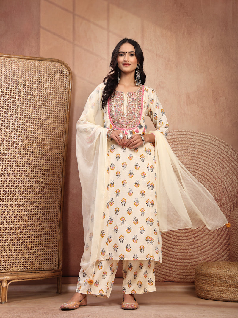 Graceful Cream Viscose Rayon Straight Kurta Palazzo Set with Embroidery