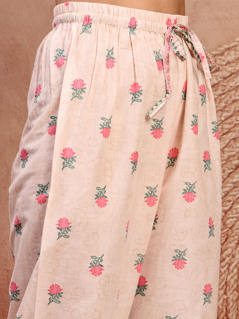 Elegant Peach Cotton Printed Straight Kurta Palazzo Set