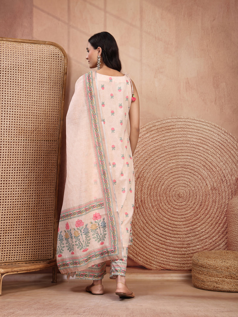 Elegant Peach Cotton Printed Straight Kurta Palazzo Set