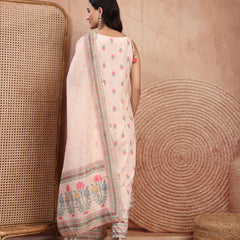Elegant Peach Cotton Printed Straight Kurta Palazzo Set