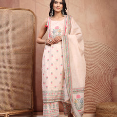 Elegant Peach Cotton Printed Straight Kurta Palazzo Set