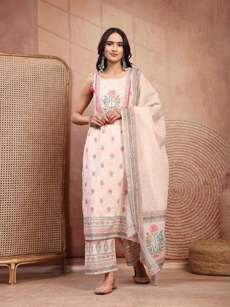 Elegant Peach Cotton Printed Straight Kurta Palazzo Set