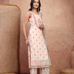 Elegant Peach Cotton Printed Straight Kurta Palazzo Set