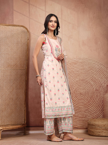 Elegant Peach Cotton Printed Straight Kurta Palazzo Set