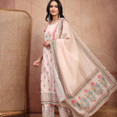 Elegant Peach Cotton Printed Straight Kurta Palazzo Set