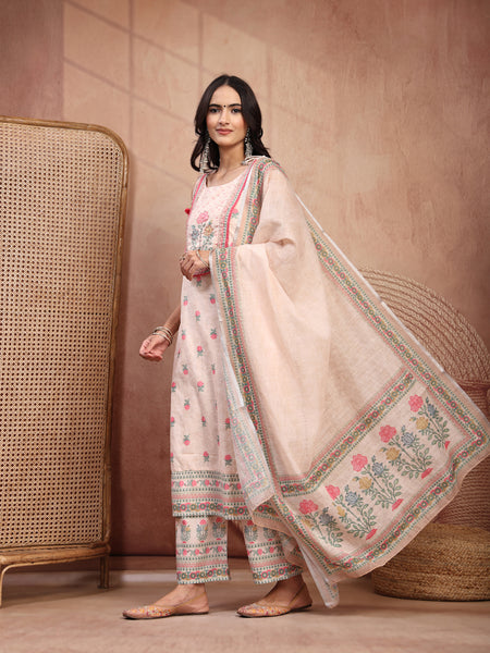 Elegant Peach Cotton Printed Straight Kurta Palazzo Set
