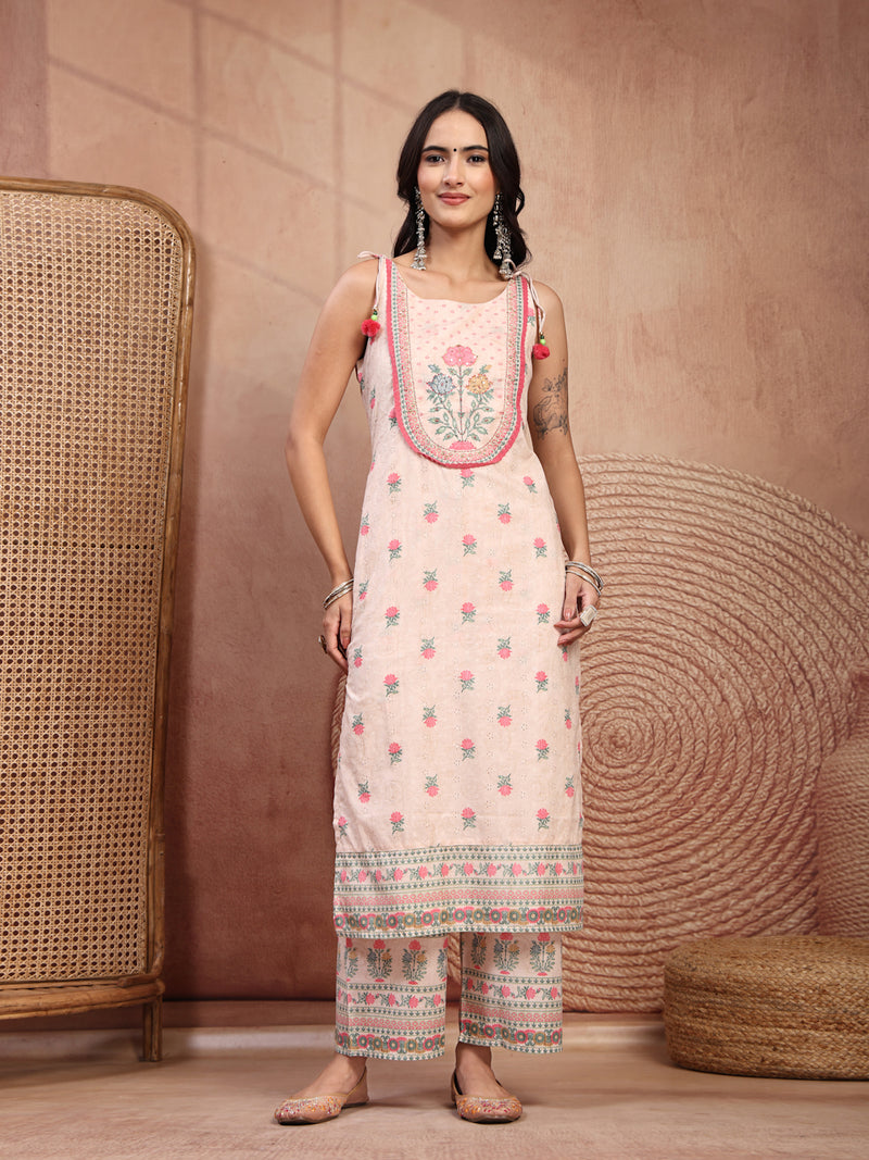 Elegant Peach Cotton Printed Straight Kurta Palazzo Set