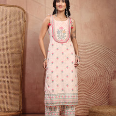Elegant Peach Cotton Printed Straight Kurta Palazzo Set